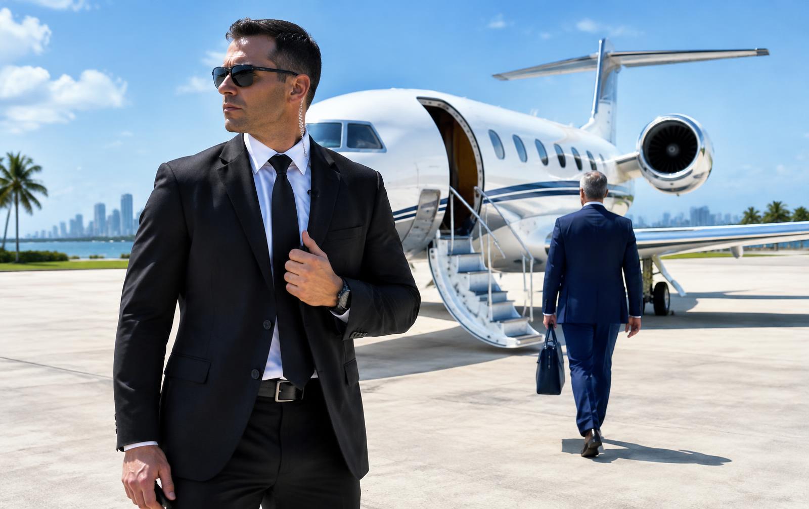 Executive protection agent beside a private jet in Florida